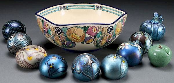 Appraisal: CONTEMPORARY ART GLASS PAPERWEIGHTS A HAND PAINTED PORCELAIN AND ART