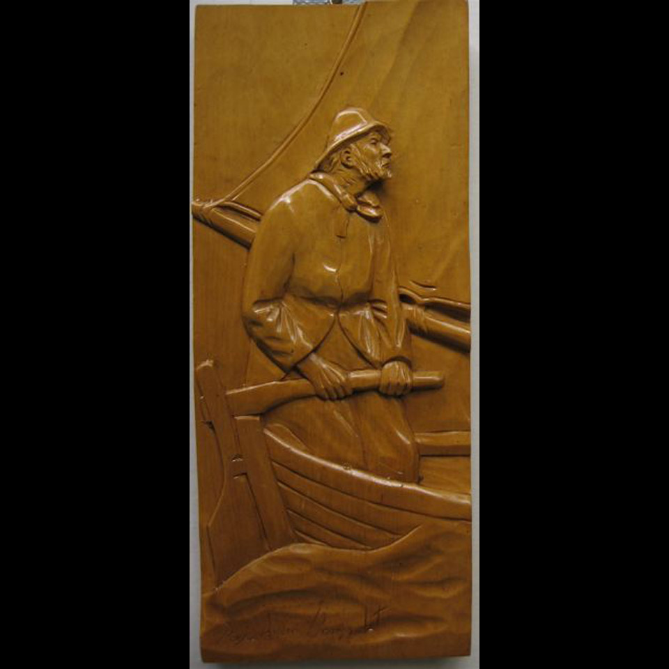 Appraisal: THE OLD FISHERMAN ROGER-ANDRE BOURGAULT - CANADIAN CARVED WOOD PANEL