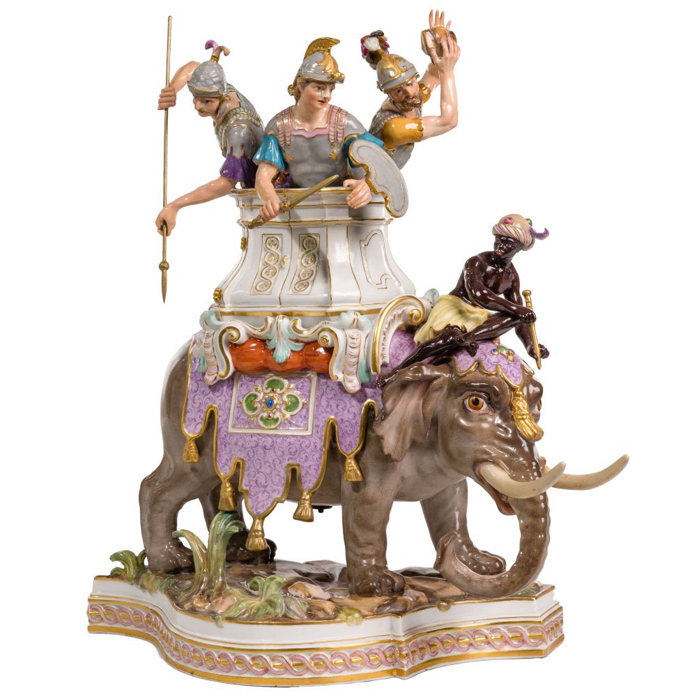 Appraisal: MEISSEN WAR ELEPHANT FIGURAL GROUPc depicting a caparisoned war elephant