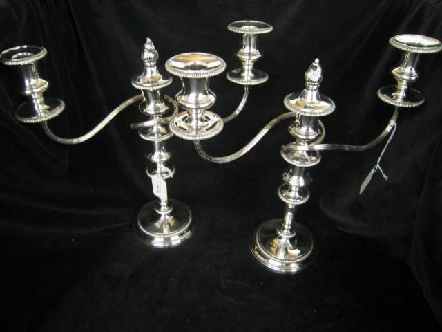 Appraisal: Sheffield England Silverplate Candleabra triple sconce with snuffer a fine