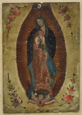 Appraisal: Framed Mexican oil on tin religious retablo painting late th