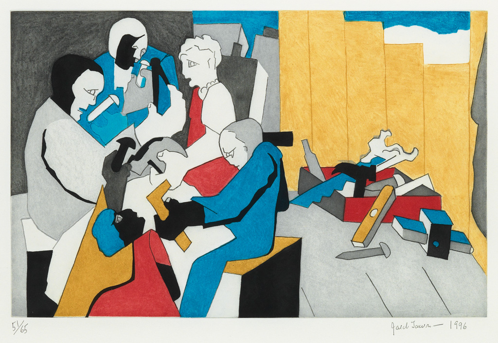 Appraisal: JACOB LAWRENCE - Five Builders with Tool Box Color soft-ground