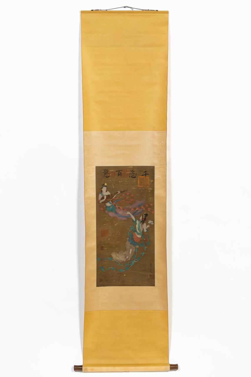 Appraisal: CHINESE SCROLL PAINTING OF APSARA WITH SEALS Chinese scroll painting