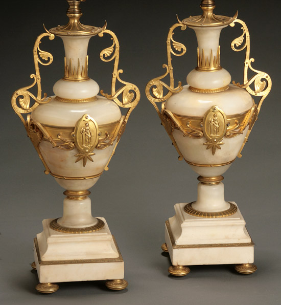 Appraisal: Pair of Continental Neoclassical Style Ormolu Mounted White Onyx Urns