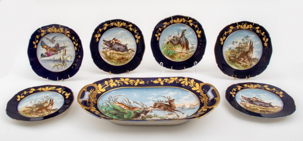 Appraisal: M REDON LIMOGES HUNTING GAME PORCELAIN PIECES Seven pieces of