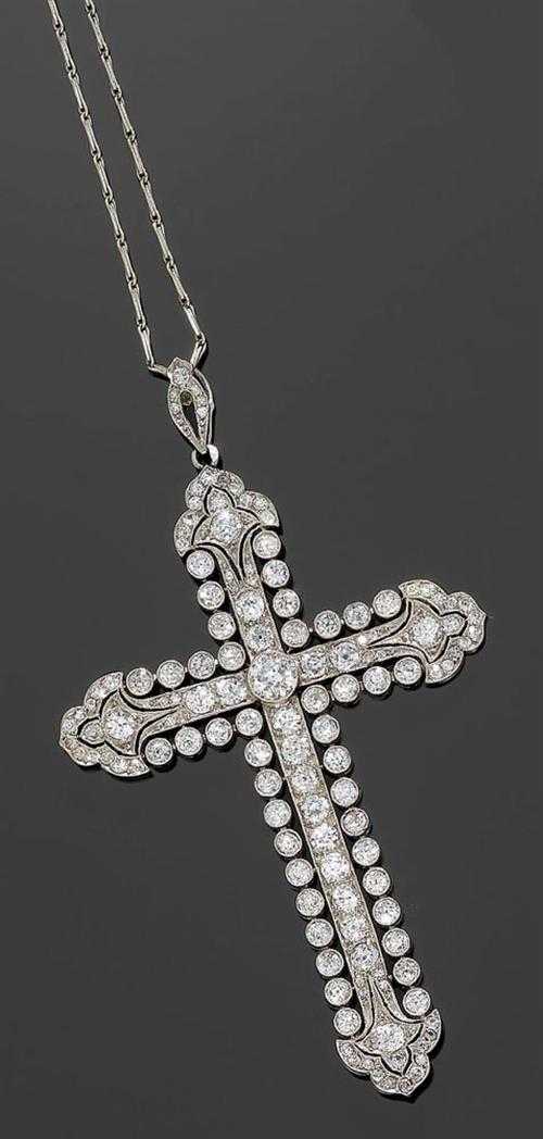 Appraisal: DIAMOND CROSS PENDANT WITH CHAIN France ca Platinum Very decorative