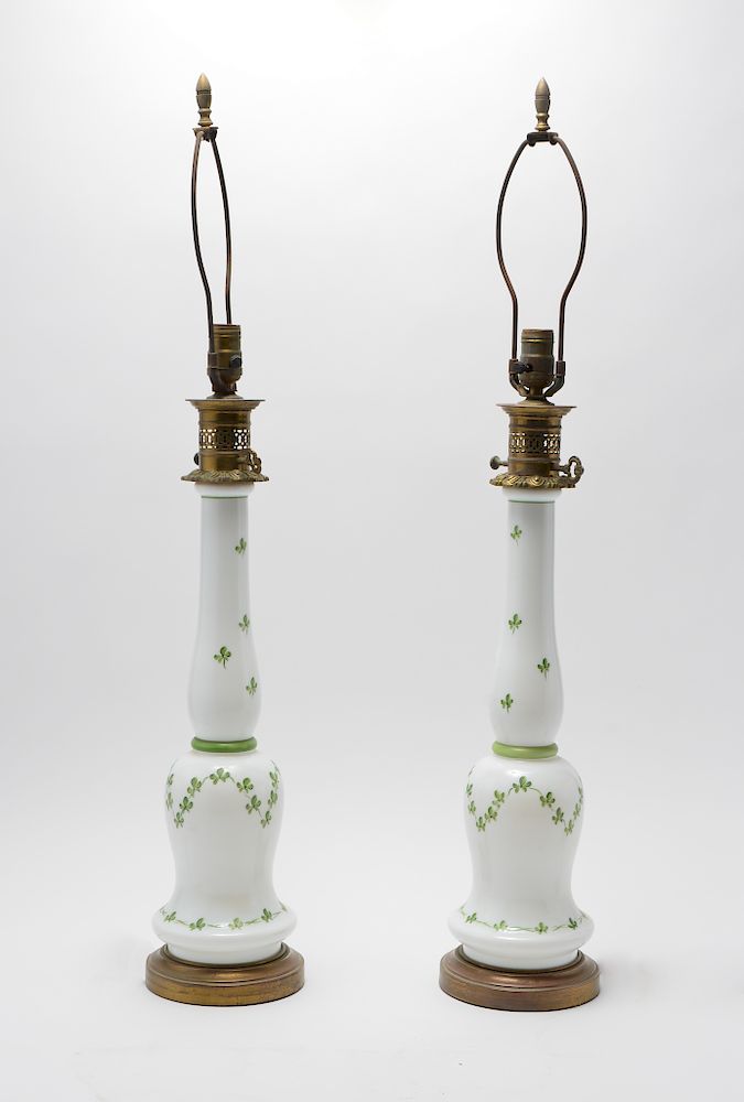 Appraisal: White Milk Glass Table Lamps w Clover Motif Pair Pair