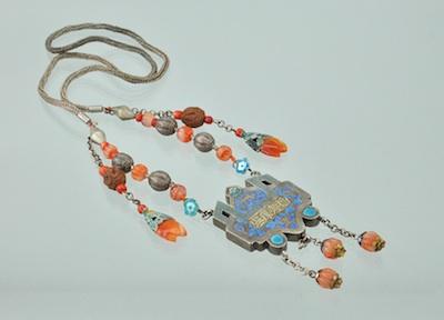 Appraisal: A Large Chinese Silver Enamel and Agate Necklace Silver mesh