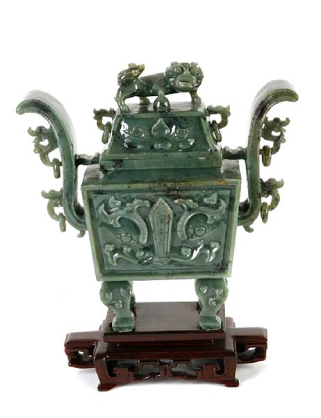 Appraisal: A contemporary green hardstone covered censer with U shaped handles