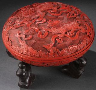 Appraisal: FINE CHINESE CARVED CINNABAR BOX A VERY FINE CHINESE CARVED