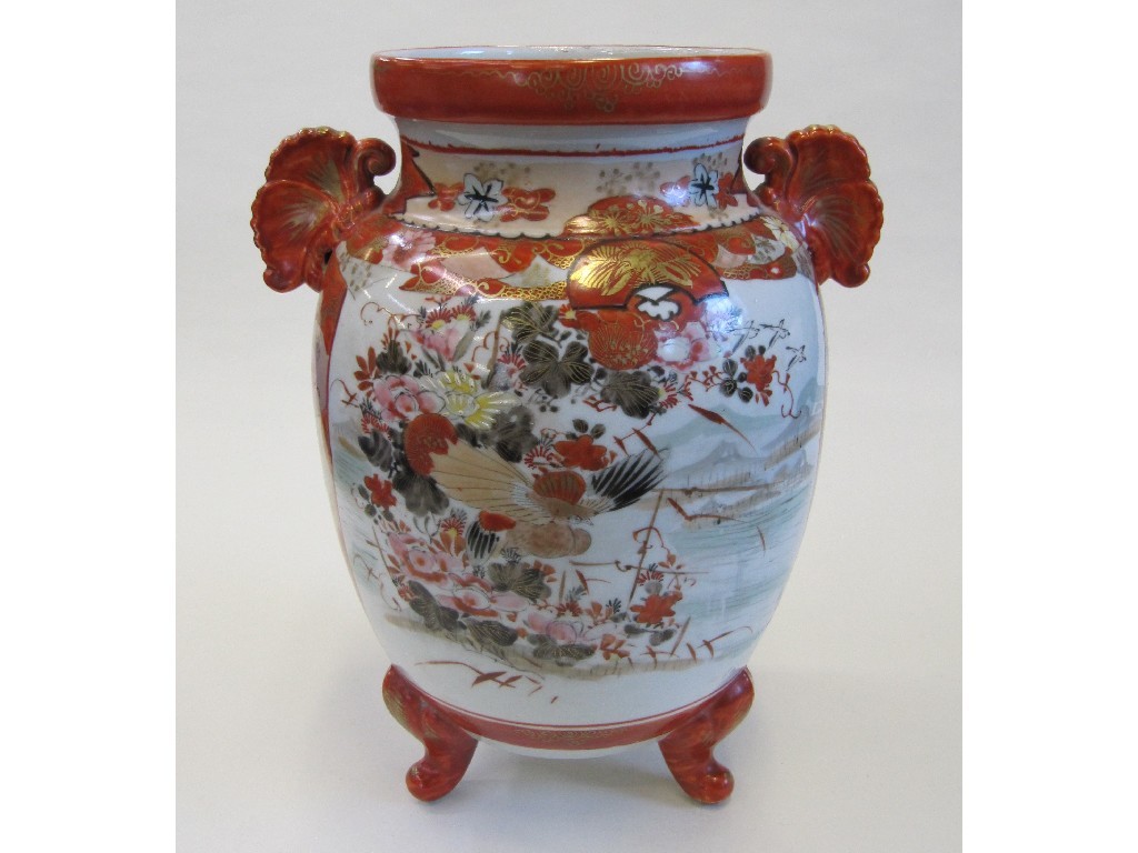 Appraisal: Kutani vase with butterfly handles and a pair of decorated