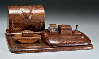 Appraisal: Leather desk set base x - in with matching cylinder