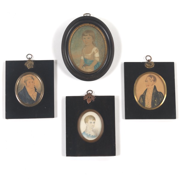 Appraisal: FOUR MINIATURE WATERCOLOR PORTRAITS TH CENTURY Four portrait miniatures three