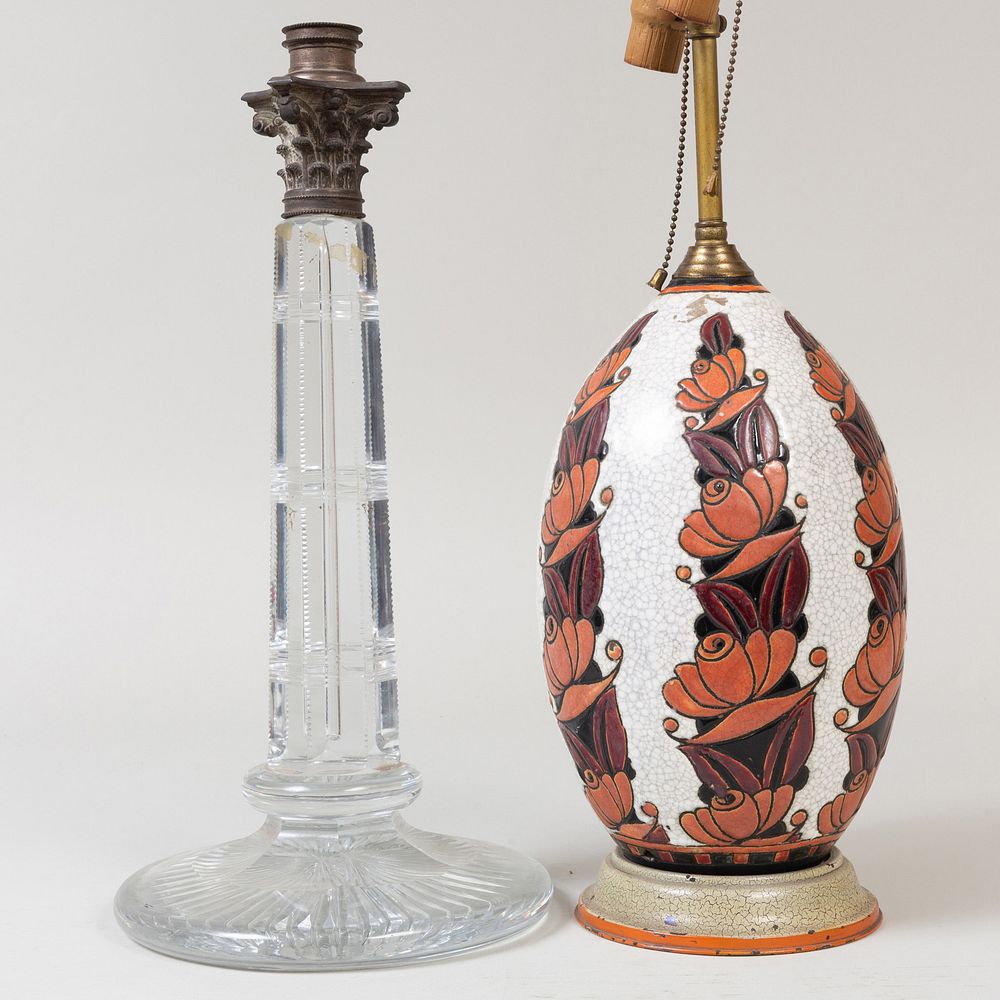 Appraisal: Longwy Style Earthenware Table Lamp and a Cut Glass Columnar