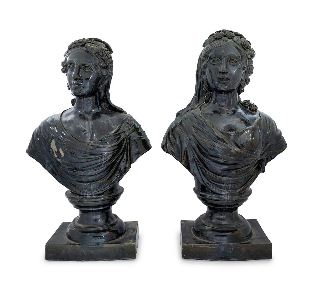 Appraisal: A Pair of French Green Glazed Terra Cotta Busts A