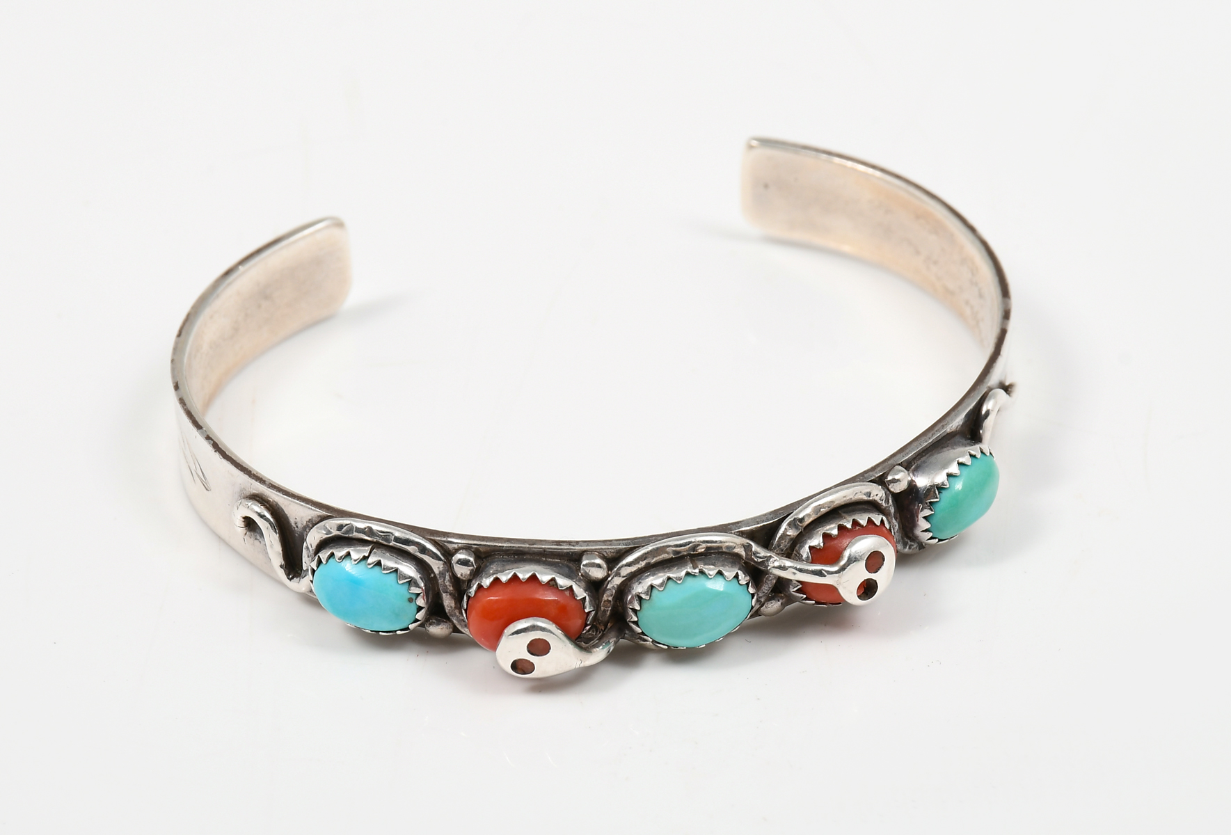 Appraisal: NATIVE AMERICAN EFFIE C RED STONE TURQUOISE SNAKE BRACELET Zuni