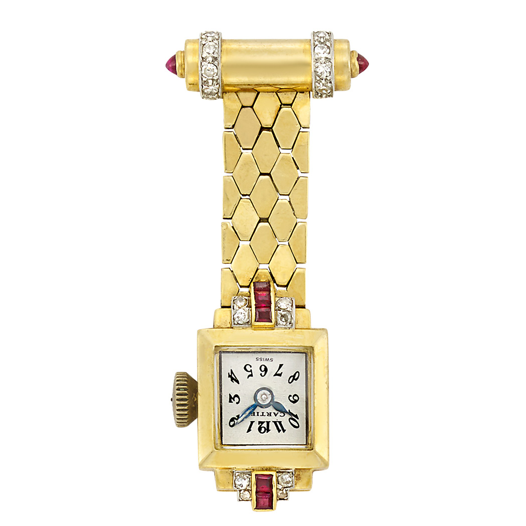 Appraisal: Gold Platinum Cabochon Ruby Ruby and Diamond Lapel-Watch kt single-cut