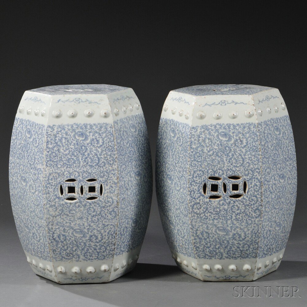 Appraisal: Pair of Blue and White Hexagonal Ceramic Garden Seats China