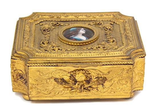 Appraisal: A French Gilt Metal Portrait Jewelry Casket Height x width