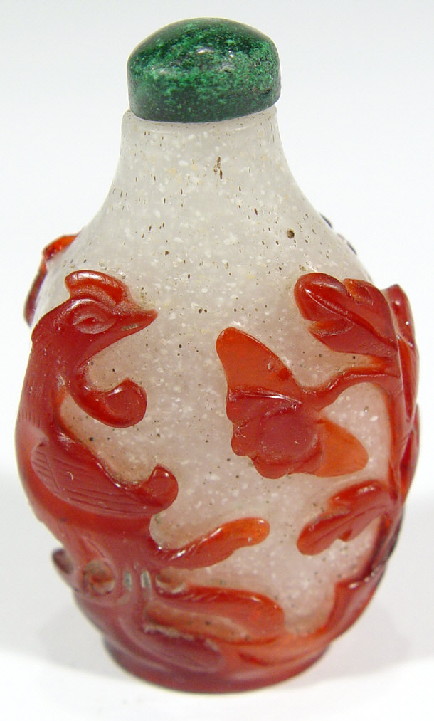 Appraisal: Chinese red overlay glass snuff bottle carved with a cockerel