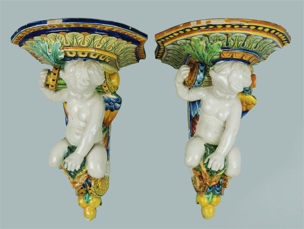 Appraisal: TWO MAJOLICA TWO PIECE WALL PLANTERS VARIOUS DATES each similar