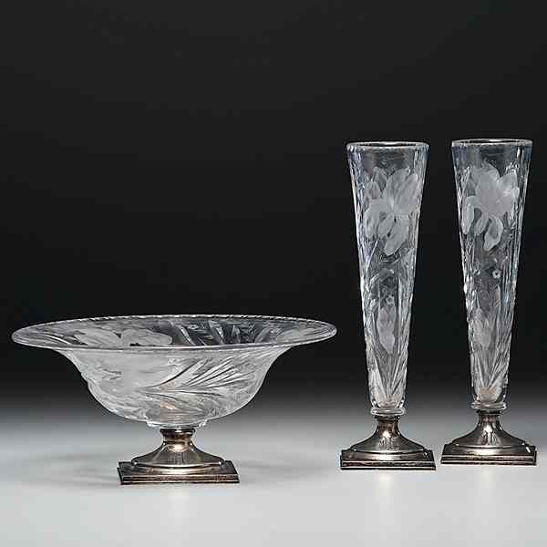 Appraisal: Three Pieces of Hawkes Glass with Sterling Bases American early