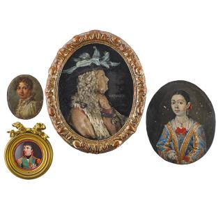 Appraisal: GROUP OF PORTRAIT MINIATURES Four One framed wax portrait with