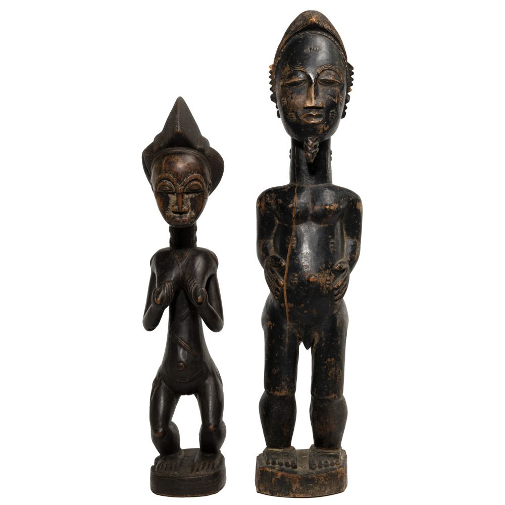 Appraisal: AFRICAN BAULE CARVED WOOD SCULPTURES items including a male and