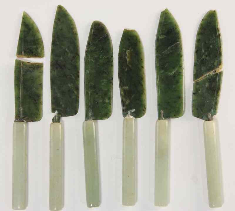 Appraisal: Set of Six Chinese Jade Kniveseach blade of spinach jade