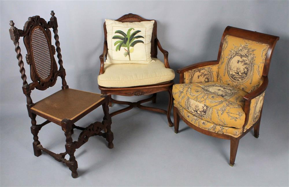 Appraisal: THREE MISCELLANEOUS CHAIRS the first of Baroque style with cane