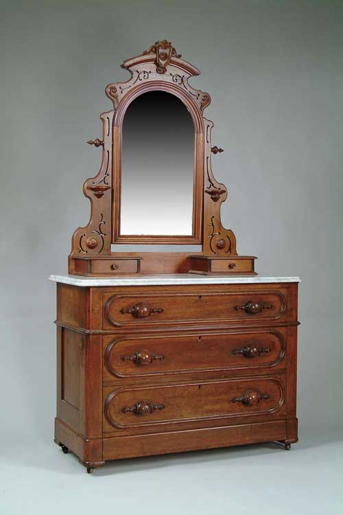 Appraisal: FOUR DRAWER MARBLE TOP WALNUT CHEST WITH MIRROR Bottom drawer