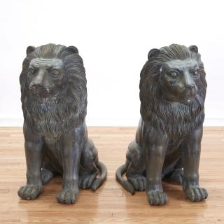 Appraisal: Pair large patinated bronze lions Pair large patinated bronze lions