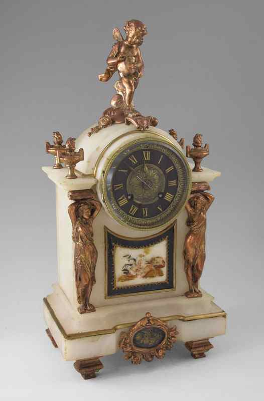 Appraisal: JAPY FRERES FIGURAL CUPID ALABASTER MANTLE CLOCK Alabaster case with