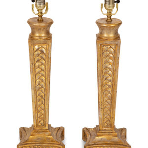 Appraisal: A Pair of Giltwood Table Lamps th Century Overall height