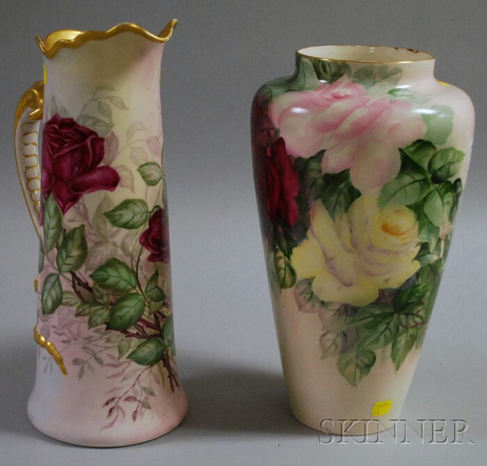 Appraisal: Two Gilt and Hand-painted Floral-decorated Porcelain Items a Limoges pitcher