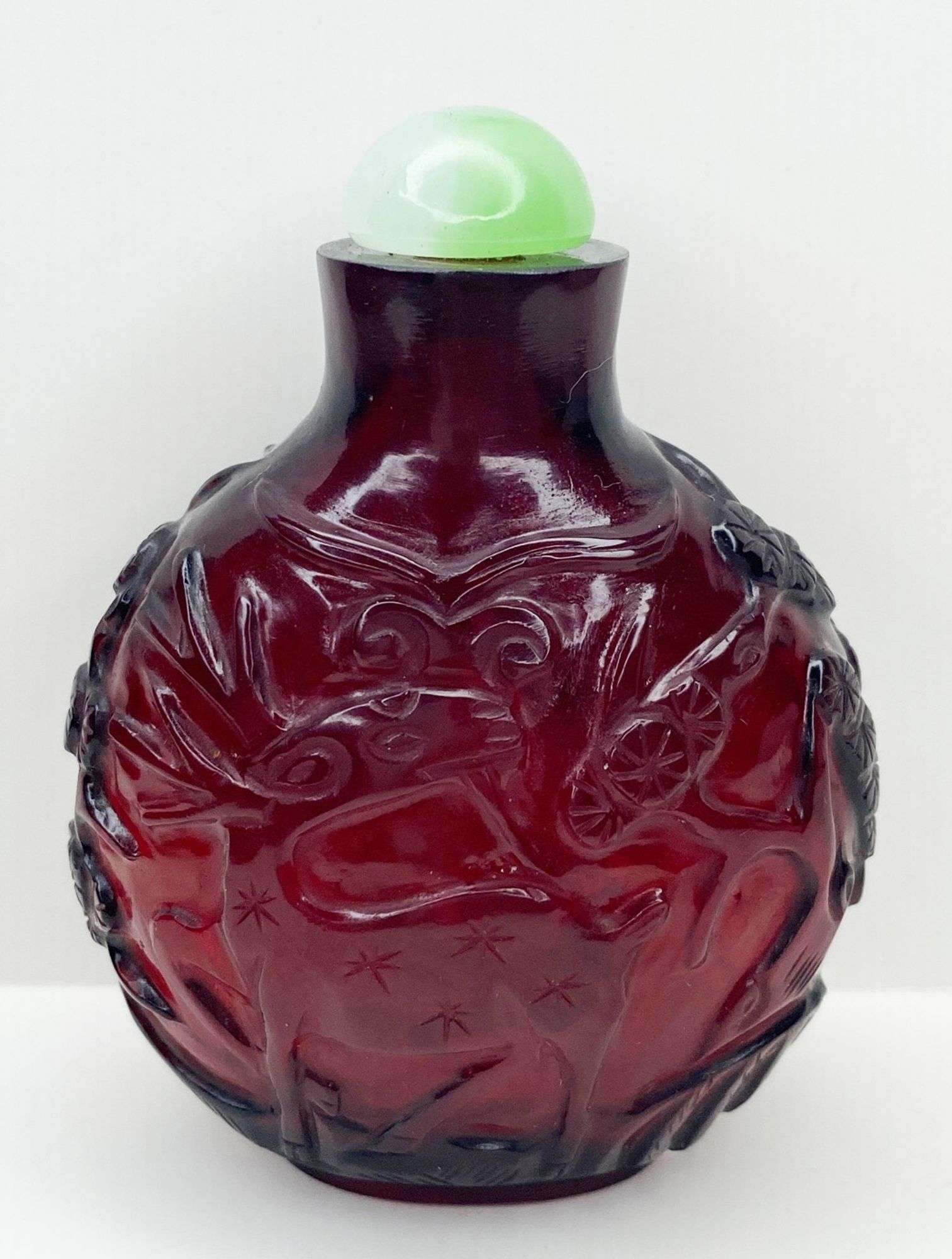 Appraisal: Chinese Carved Red Peking Glass Snuff Bottle tall at widest