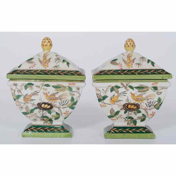 Appraisal: Ironstone Urns with Bird Motifs th century A pair of