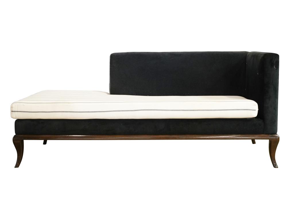 Appraisal: UPHOLSTERED CHAISE LOUNGEunsigned lacquered wood striped fabric and black velvet