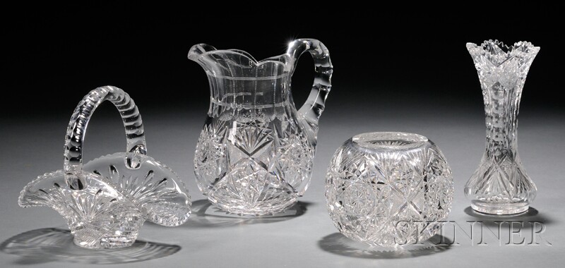 Appraisal: Four Pieces of Cut Glass a wheat-decorated basket with notched