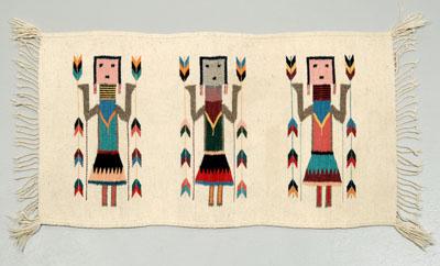 Appraisal: Navajo Yei dancer rug three skirted figures holding arrows natural