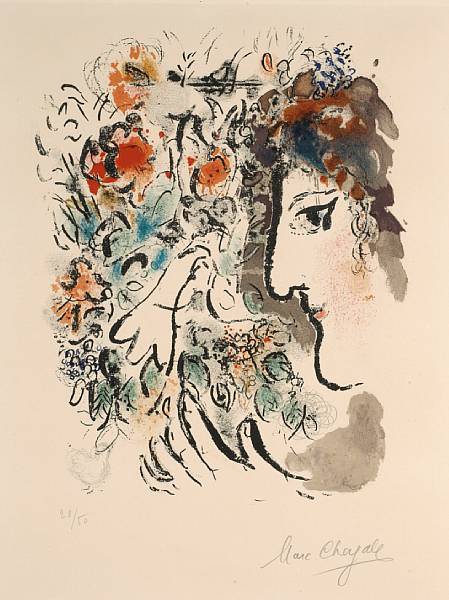 Appraisal: Marc Chagall Russian French - Profile with Red Flowers M