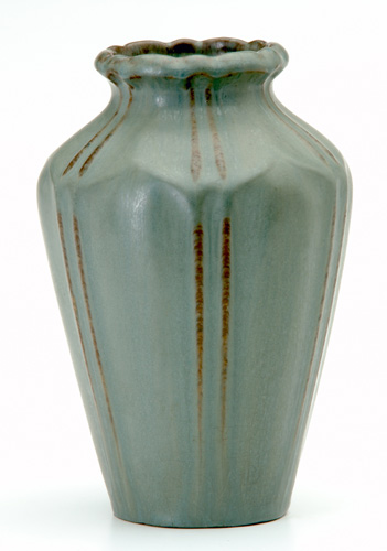 Appraisal: AREQUIPA Ribbed vase covered in semi-sheer blue-grey glaze the red