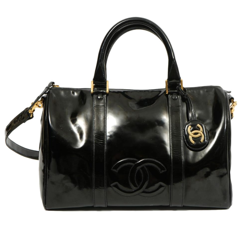 Appraisal: Chanel black patent leather duffle bag with top handles and