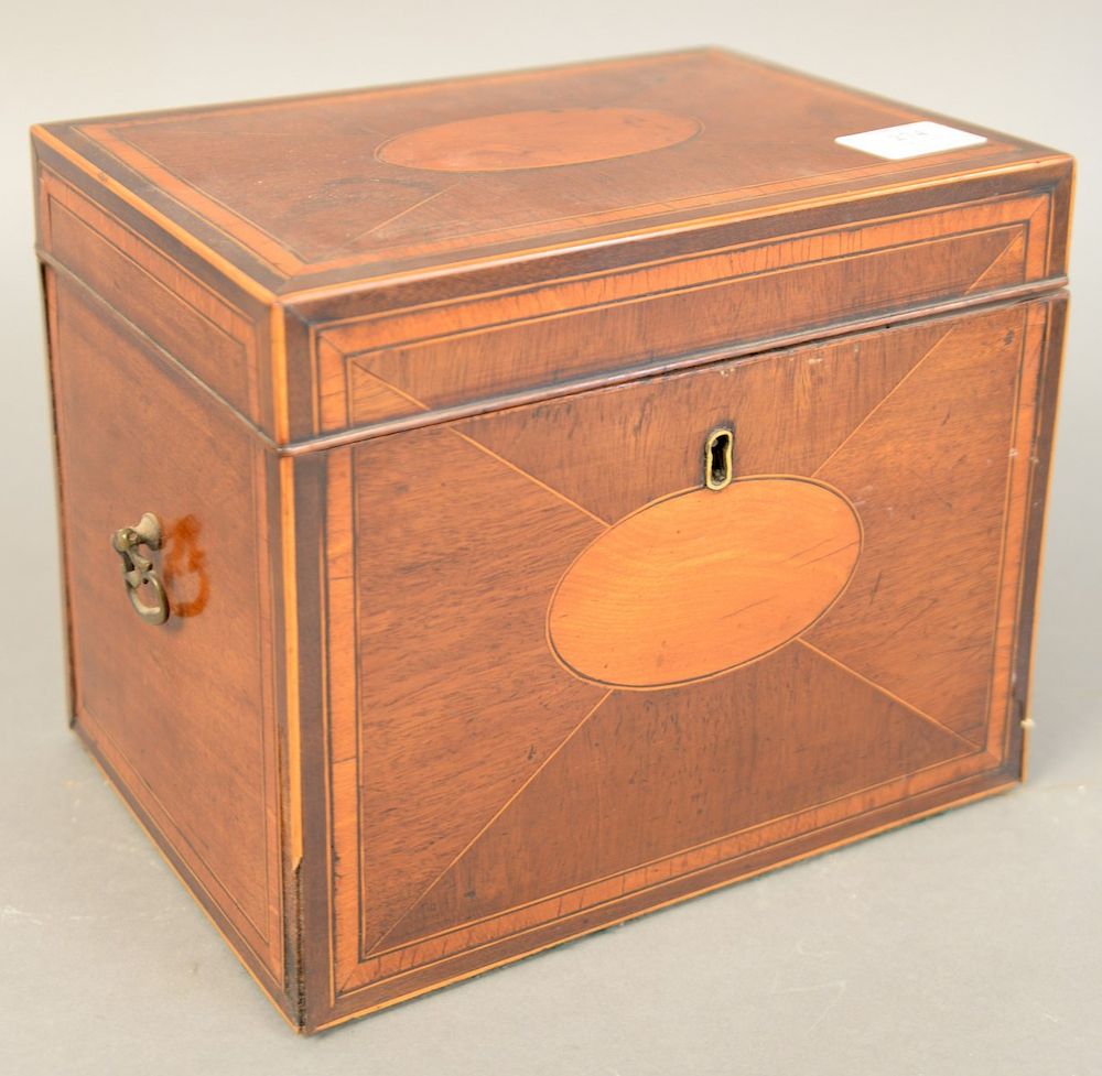 Appraisal: Mahogany inlaid cellaret having inlaid case opening to five divided