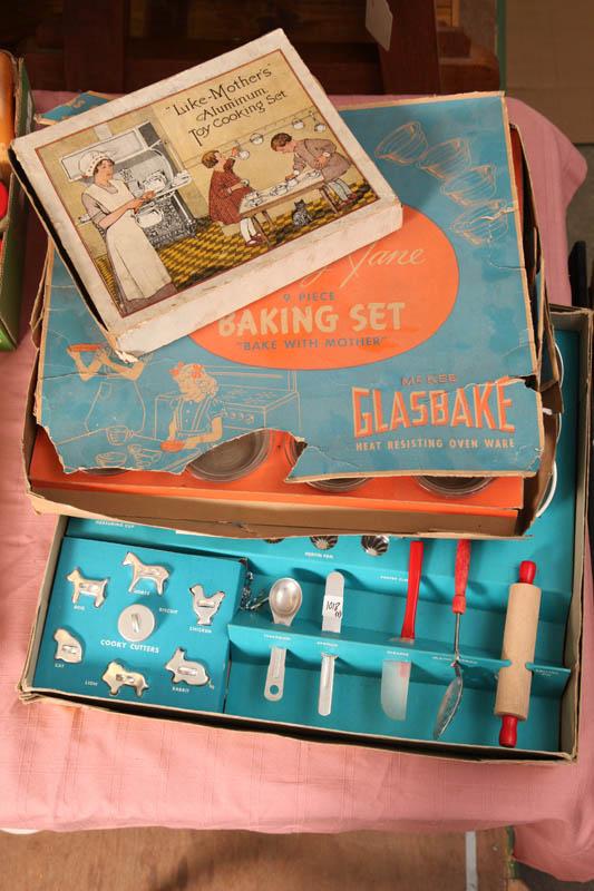 Appraisal: THREE CHILDREN'S BAKING SETS Betty Jane glass bakeware set in