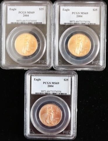 Appraisal: THREE GOLD EAGLE COINS OZT EACH PCGS GRADED MS