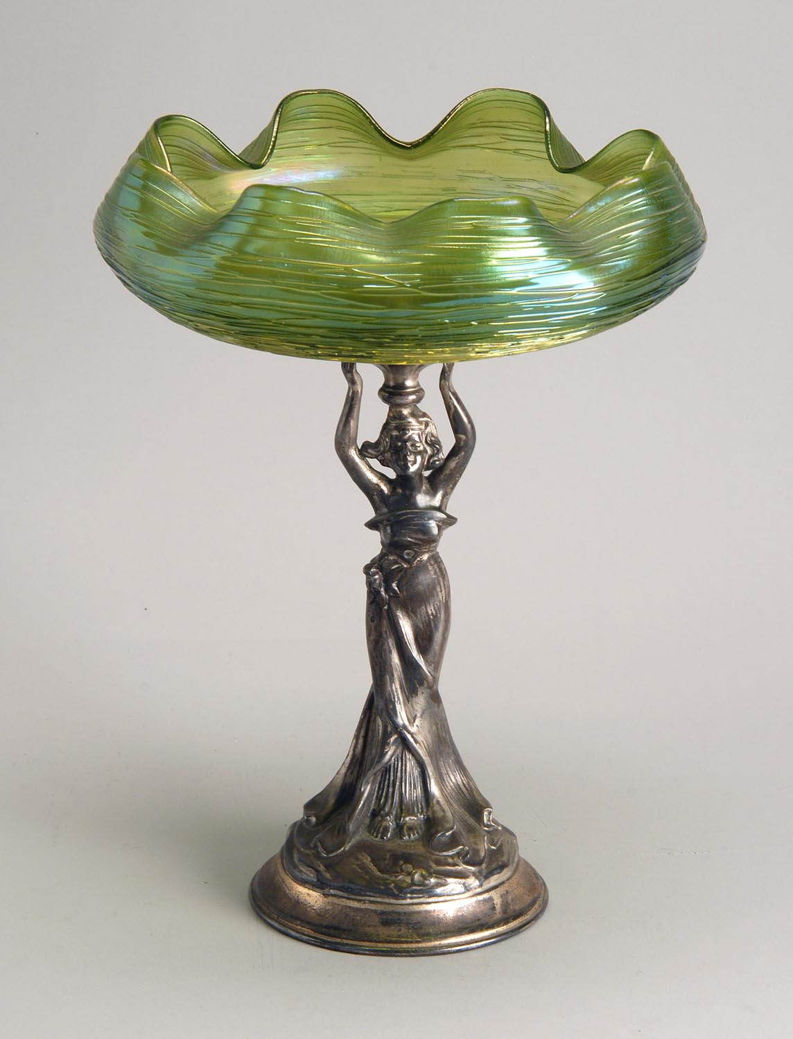 Appraisal: LOETZ-TYPE GLASS COMPOTE Late th Early th CenturyGreen threaded glass