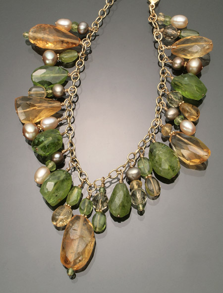 Appraisal: -Karat Yellow-Gold Citrine Peridot and Freshwater Pearl Bracelet Length -