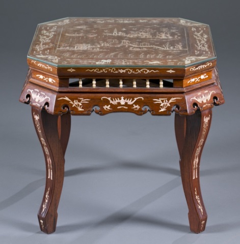 Appraisal: Chinese-Style Hardwood Inlaid Side Table Inlaid bone domestic scenes Top