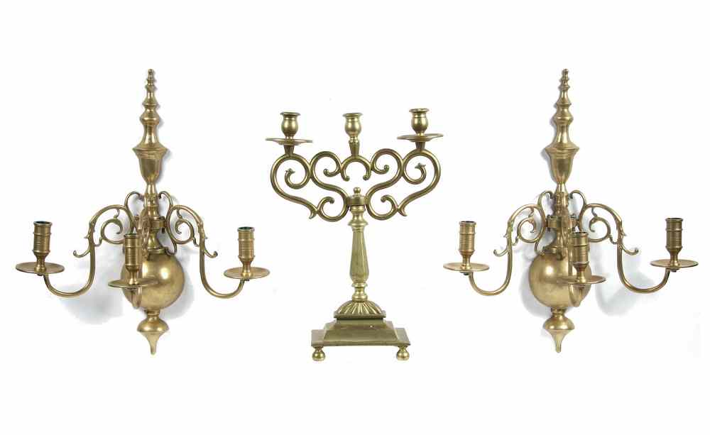 Appraisal: DUTCH BRASS CANDELABRUM AND PAIR OF SCONCES - th c